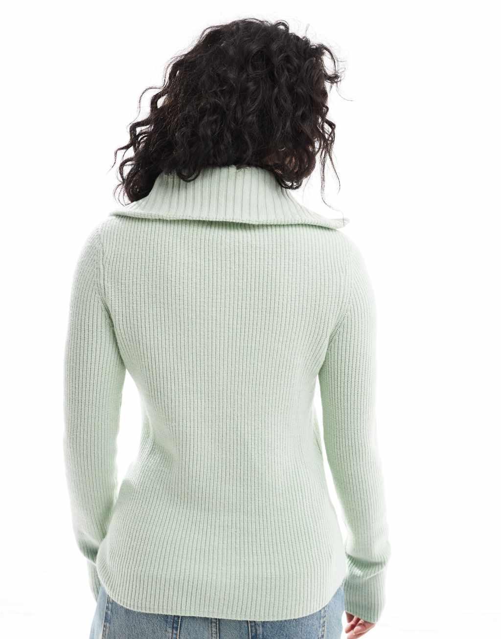 ASOS DESIGN knit zip up collar cardigan in green Product Image