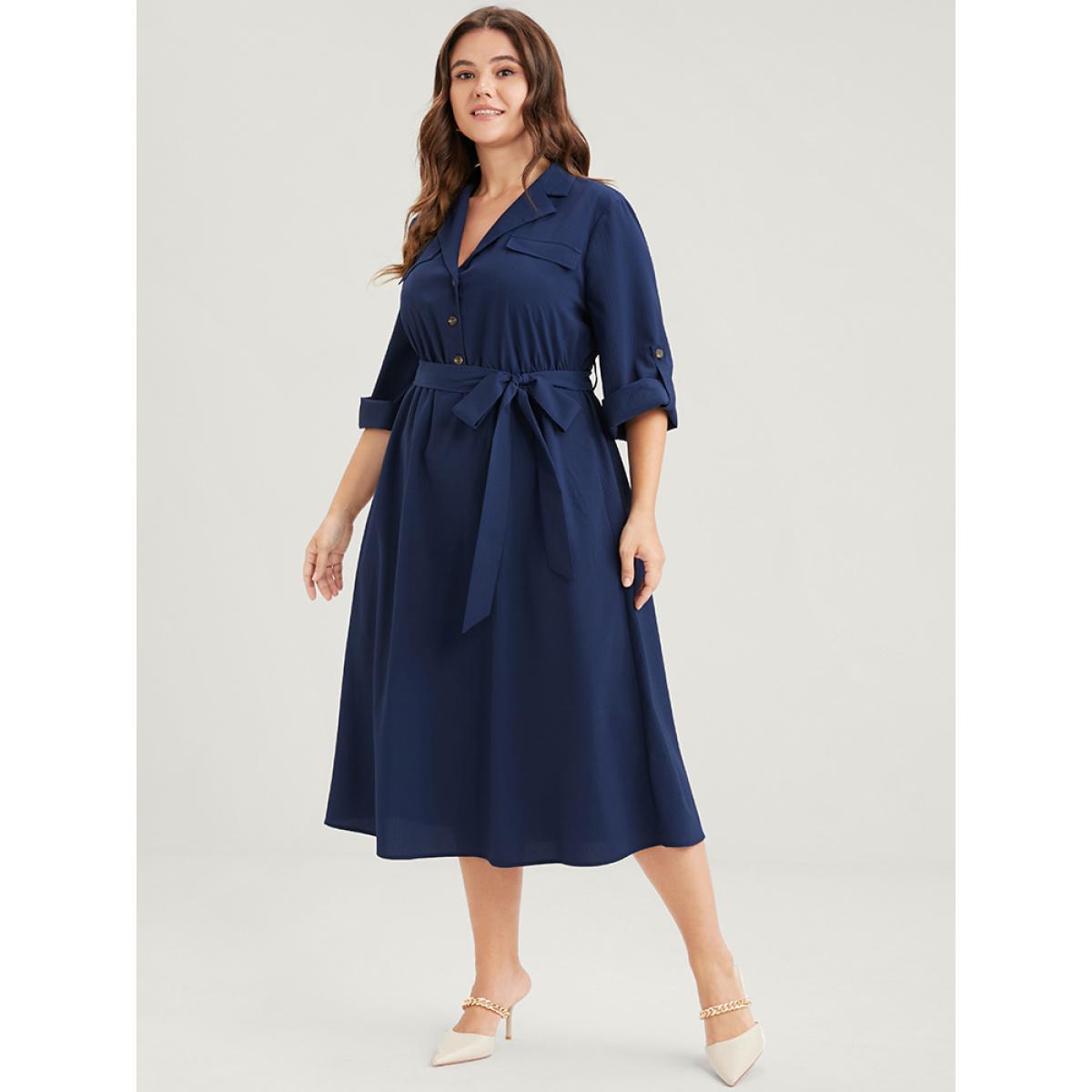 Plus Size Plain Button Cuffed Sleeve Pocket Belted Lapel Collar Dress DarkBlue Women Office Belted Lapel Collar Elbow-length sleeve Curvy Midi Dress BloomChic 12/L Product Image