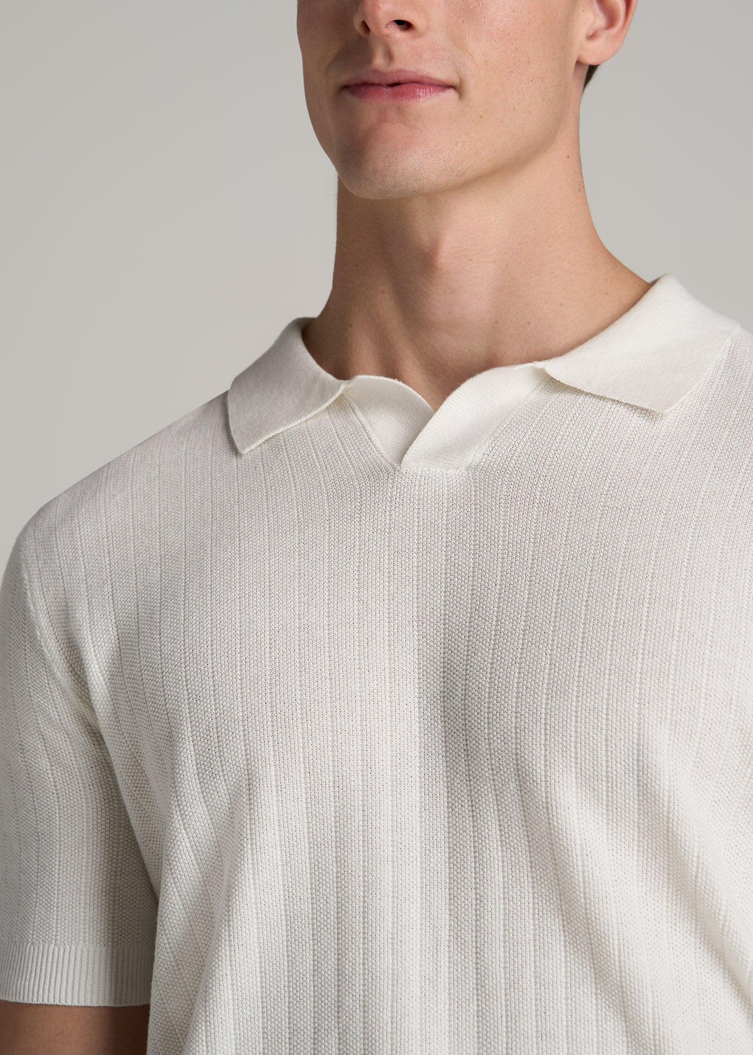 Linen Blend Ribbed Knit Polo Shirt for Tall Men in Evening Blue Product Image