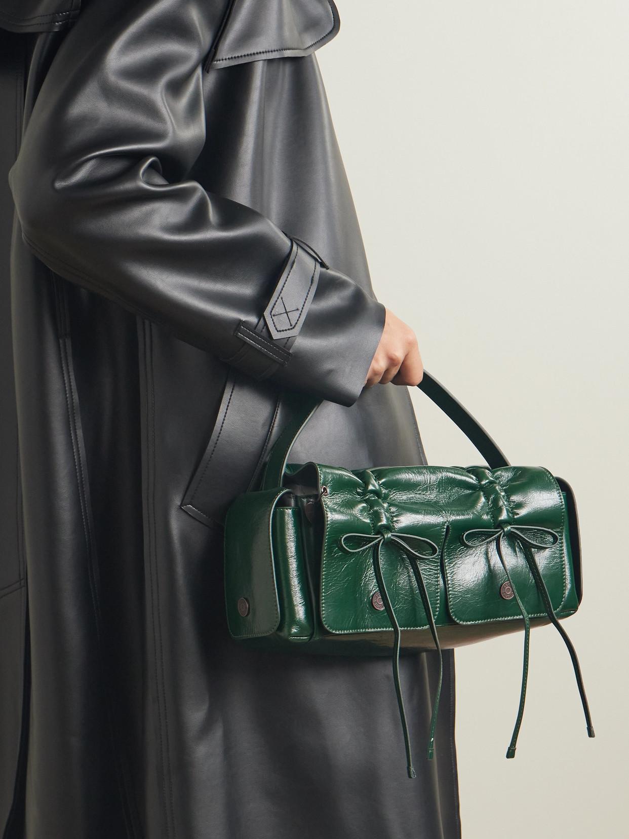 ACNE STUDIOS Multipocket Bow-detailed Embellished Leather Shoulder Bag In Green Product Image