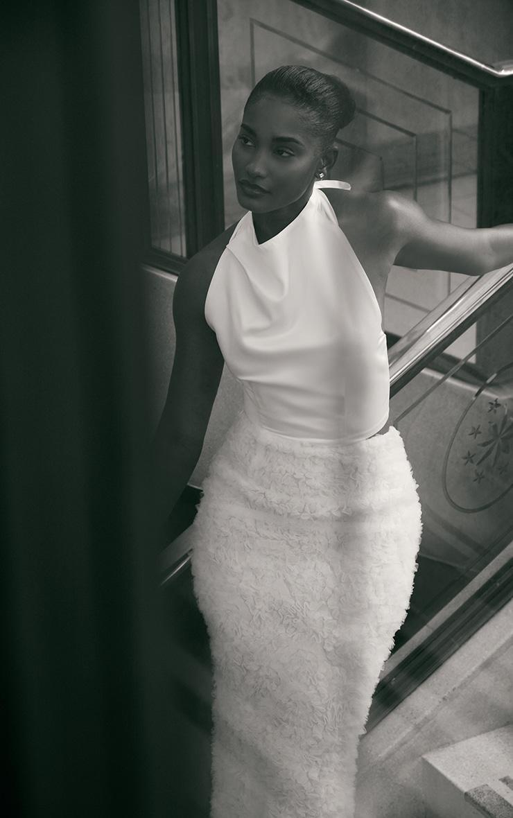 Premium White Tulle Floral Ruffle Detail Maxi Skirt Product Image