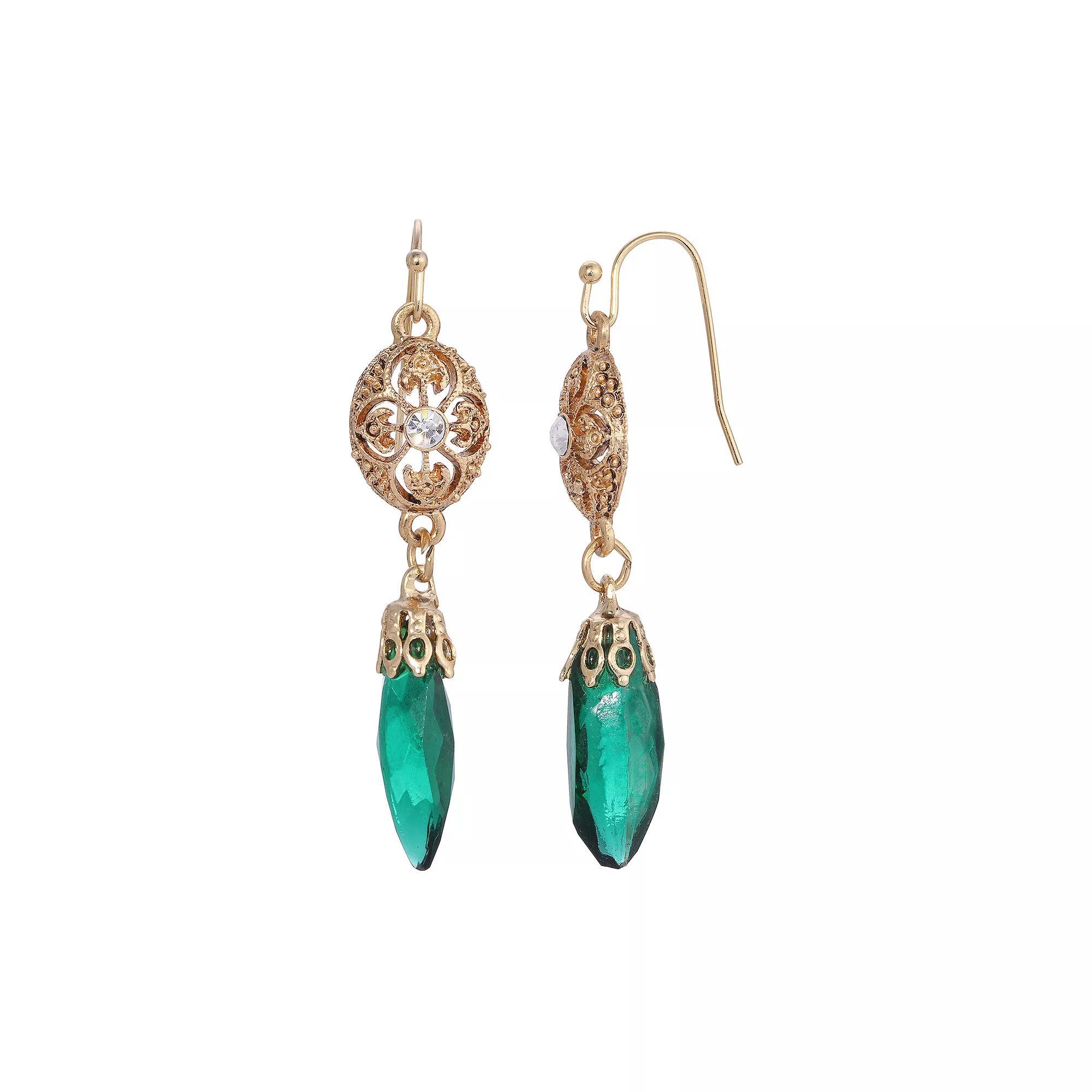 1928 Gold Tone Filigree Icicle Drop Earrings, Womens, Green Product Image