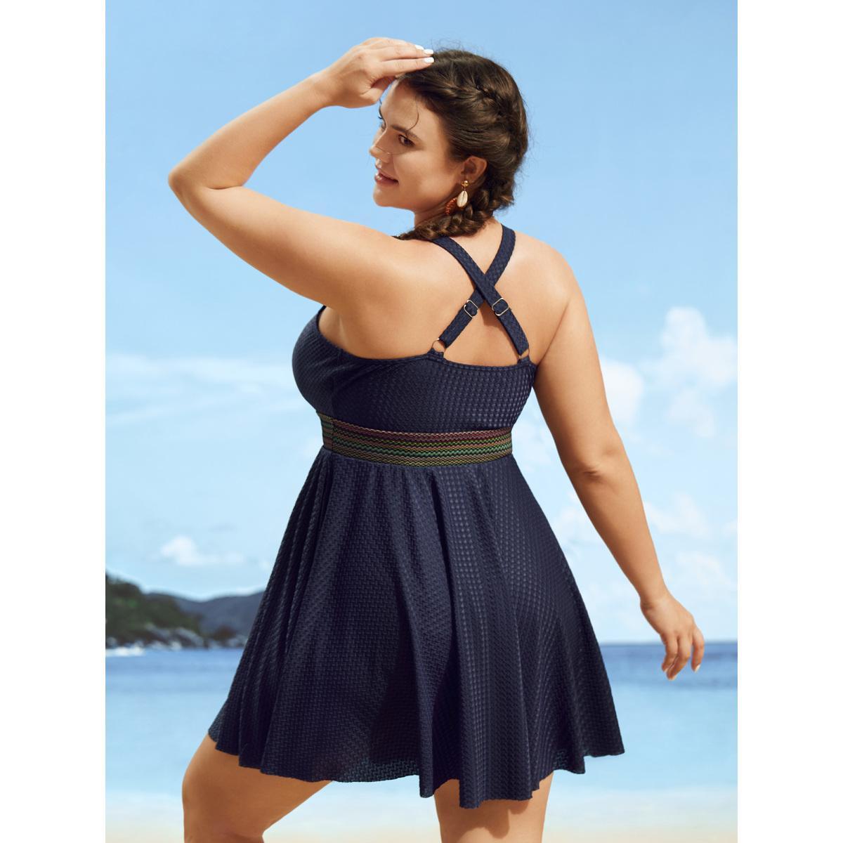 Plus Size Overlap Collar Textured Gathered Pocket Swim Dress Women's Swimwear Midnight Beach Bodycon Overlap Collar High stretch Curve Swim Dresses BloomChic 26/4X Product Image