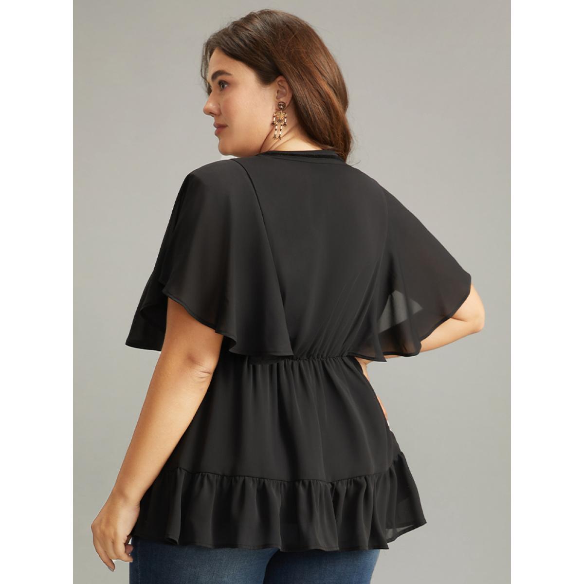Plus Size Black Halloween Tie Neck Mesh Flutter Sleeve Twill Blouse Women Elegant Half Sleeve Mock Neck Festival-Halloween Blouses BloomChic 18-20/2X Product Image