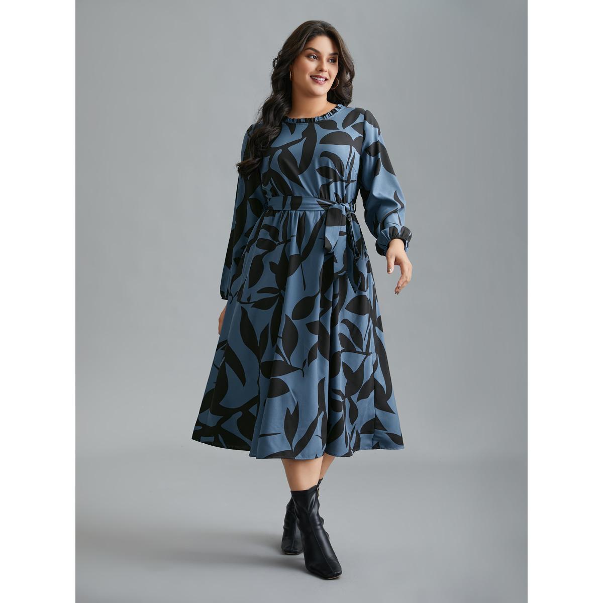 Plus Size Silhouette Floral Print Frill Trim Dress Aegean Women Elegant Belted Round Neck Long Sleeve Curvy BloomChic 30/6X Product Image