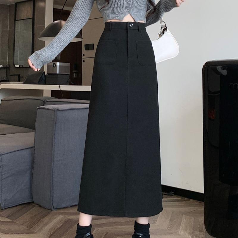 High Waist Plain Midi Pencil Skirt Product Image