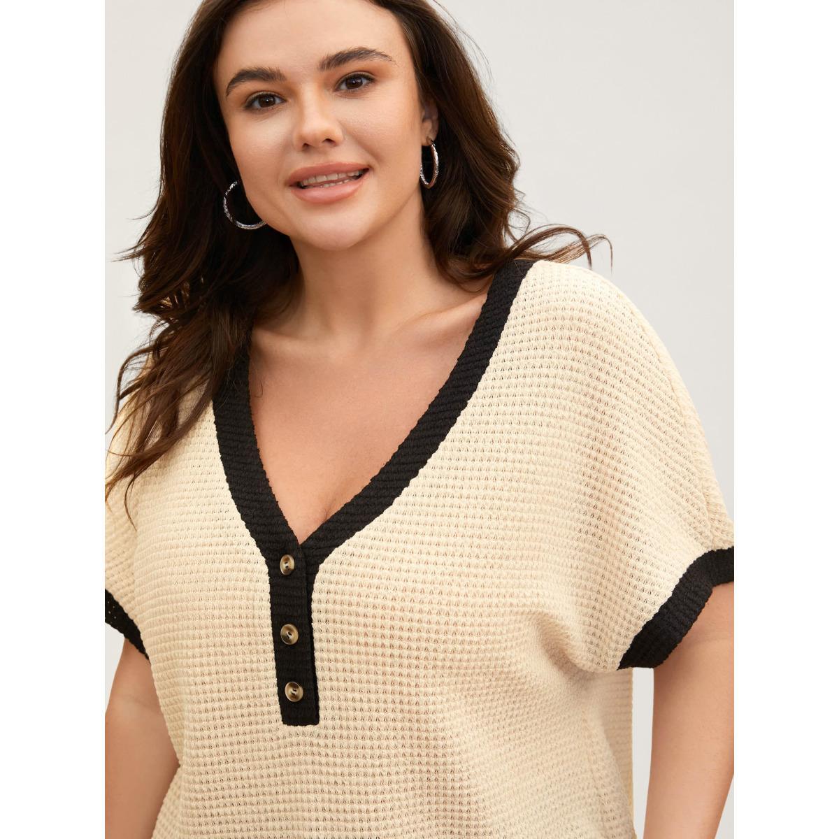 Plus Size V Neck Contrast Button Detail Knit T-shirt Apricot Women Casual Texture V-neck Everyday T-shirts BloomChic 26/4X Product Image
