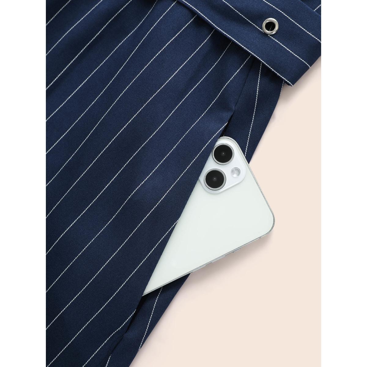 Plus Size Striped Notched Button Detail Belted Dress Navy Women At the Office Belted Flat collar with V-notch Short sleeve Curvy BloomChic 10/M Product Image