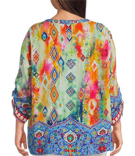 John Mark Plus Size Embroidered Printed Split V-Neck 3/4 Cinched Sleeve Tassel Tie Front Tunic Product Image