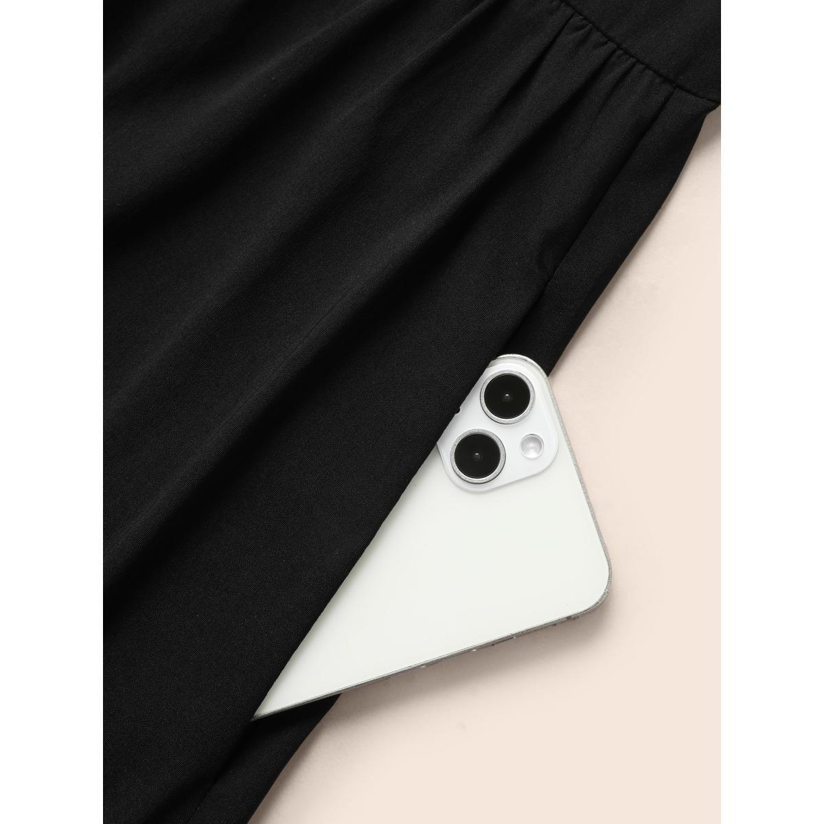 Plus Size Stretch Woven Pleated Flare Vest Midi Dress Black Women At the Office Gathered Square Neck Sleeveless Curvy BloomChic 28/5X Product Image
