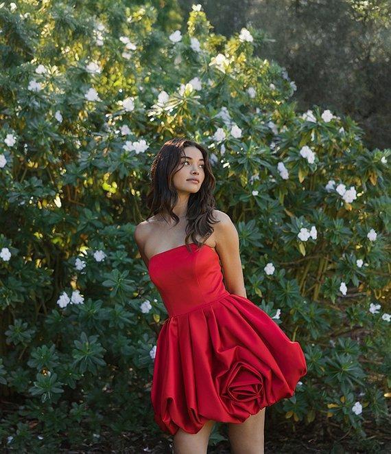 Mac Duggal Strapless Rose Bubble Hem Satin Mini Dress Product Image