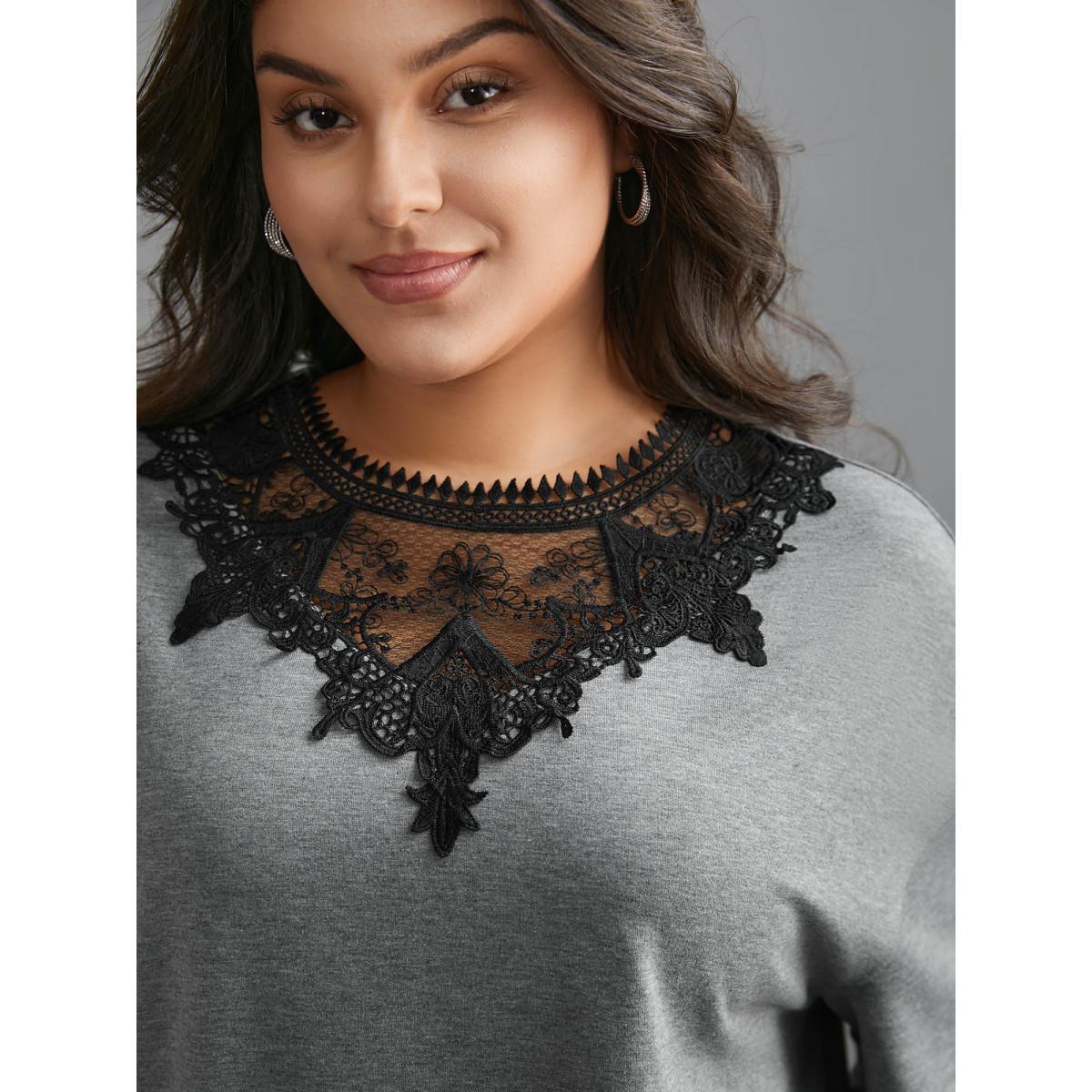 Plus Size Lace Panel Round Neck Contrast Sweatshirt Women DarkGray Elegant Woven ribbon&lace trim Round Neck Everyday Sweatshirts BloomChic 14-16/1X Product Image