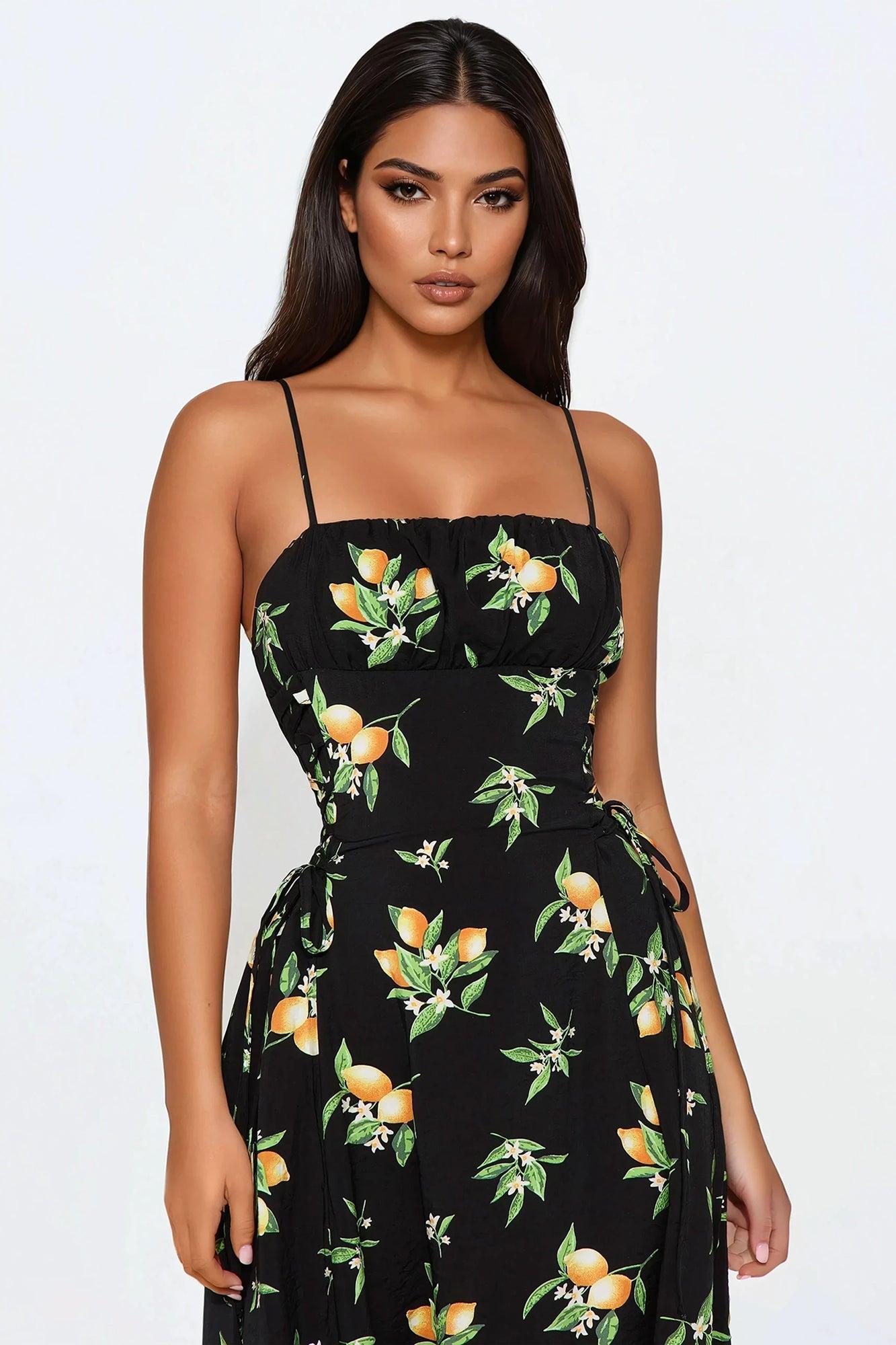 Jackie Lace Up Midi Dress - Black/Yellow Product Image