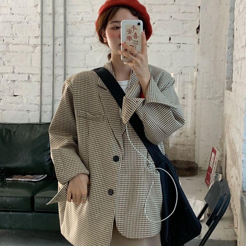 Plaid Single-Breasted Blazer / High Waist Midi A-Line Skirt Product Image