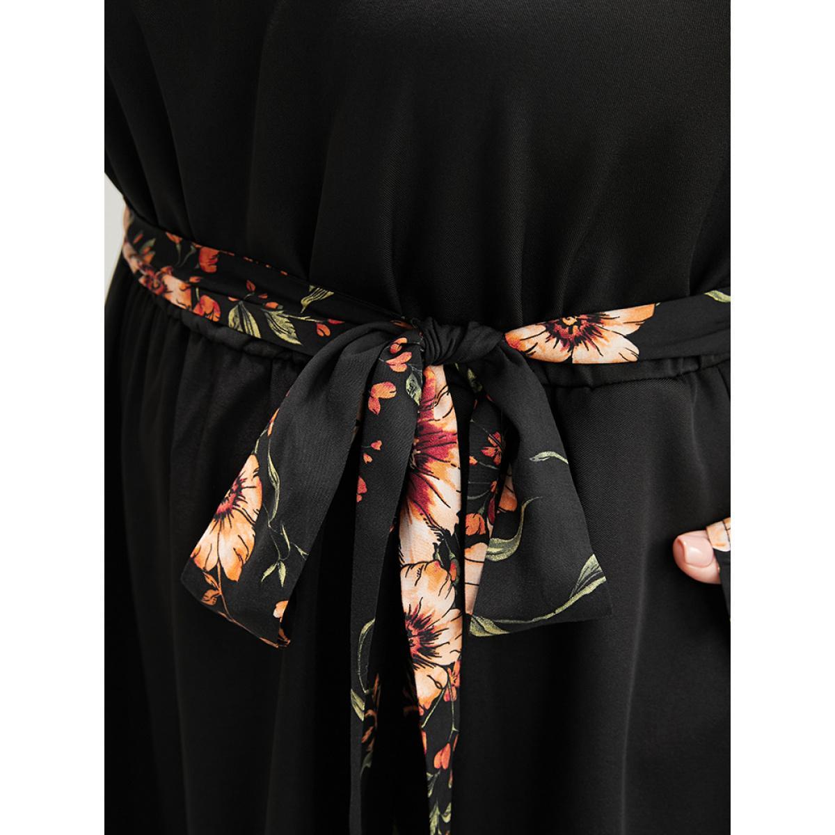 Plus Size Floral Patchwork Lantern Sleeve Pocket Belted Shirred Mock Neck Dress Black Women Elegant Patchwork Mock Neck Long Sleeve Curvy Midi Dress BloomChic 30/6X Product Image