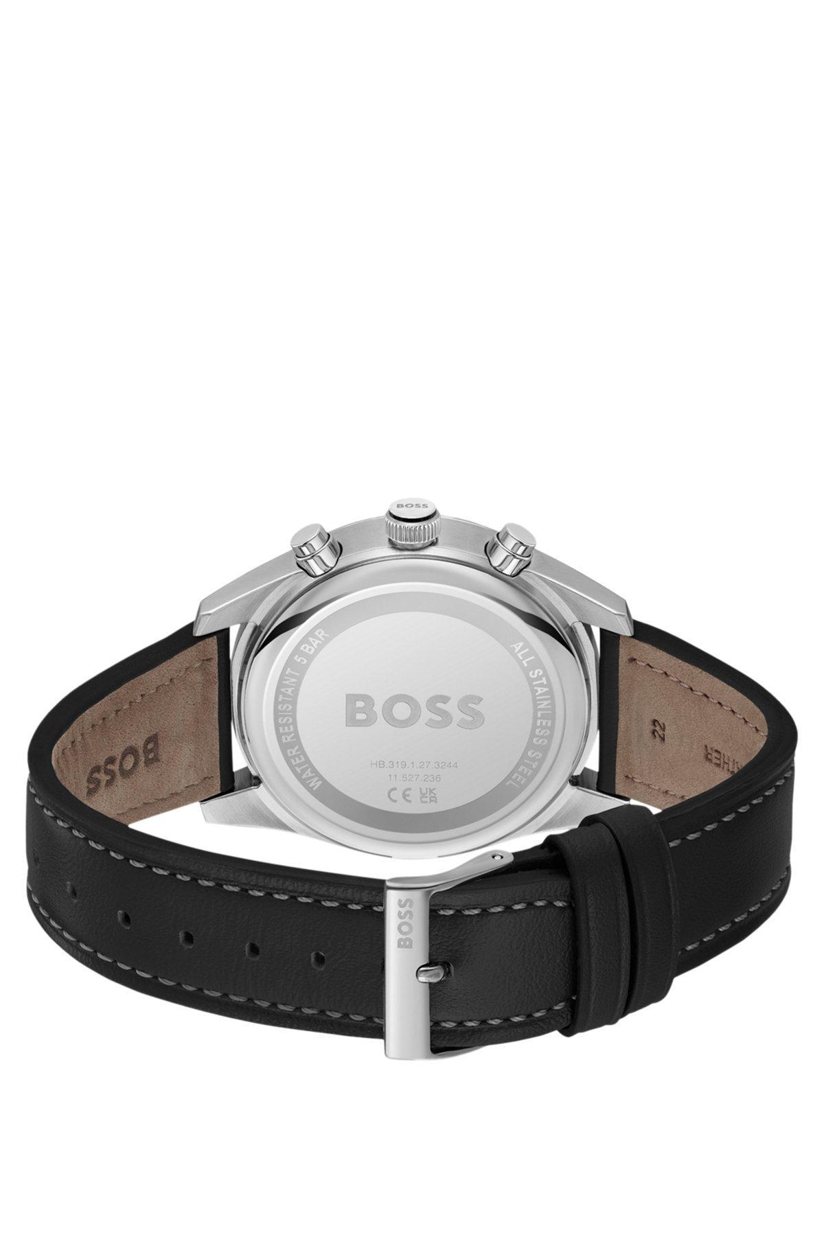 Pilot-inspired chronograph watch with black leather strap Product Image