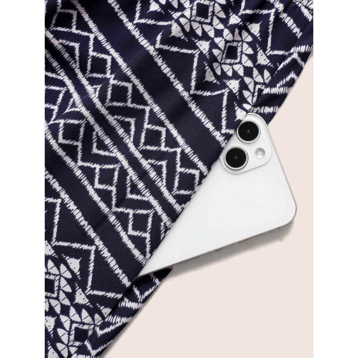 Plus Size Geometric Bandana Print Elastic Waist Midi Dress DarkBlue Women Resort Non Round Neck Sleeveless Curvy BloomChic 22-24/3X Product Image