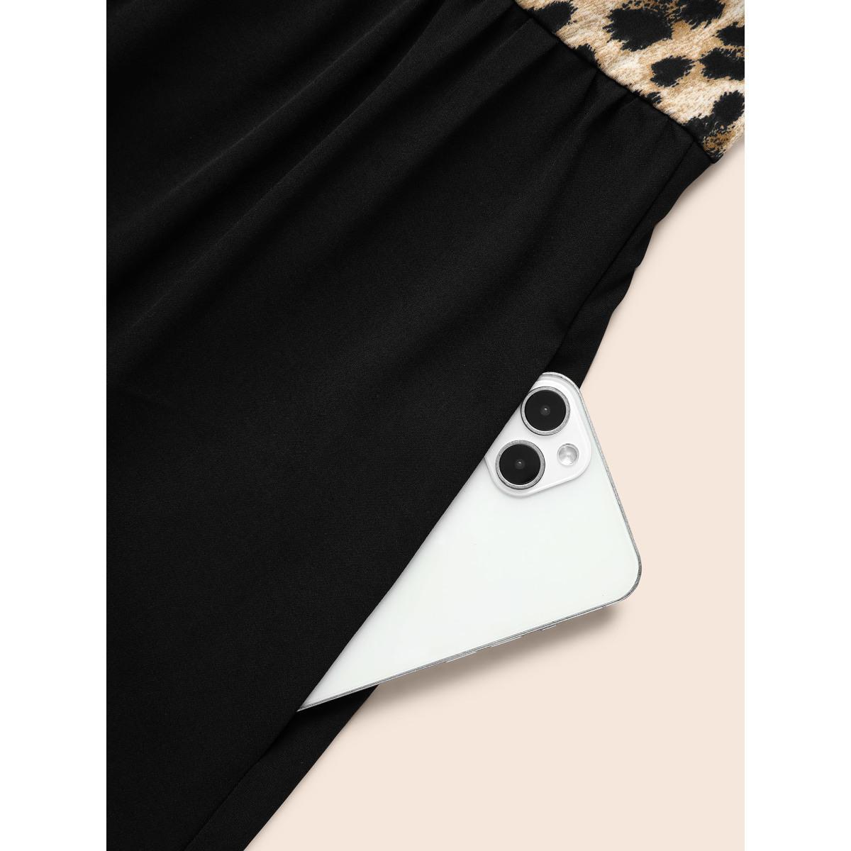 Plus Size Notched Collar Leopard Print Patchwork Dress Black Women Elegant Tie knot Notched collar Elbow-length sleeve Curvy BloomChic 28/5X Product Image