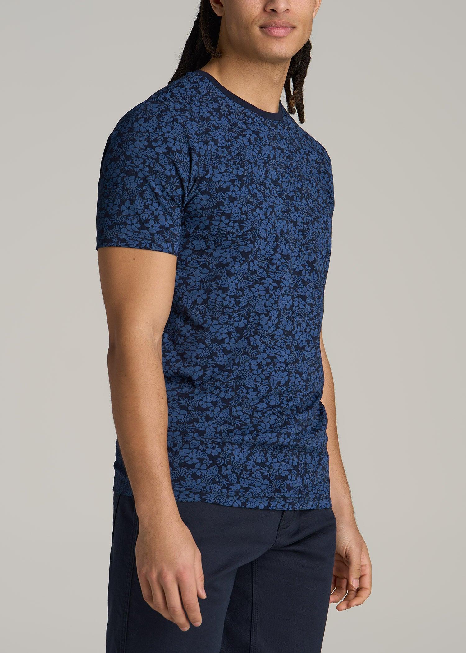 Stretch Pima Cotton Printed Tee for Tall Men in Blue Hibiscus Male Product Image
