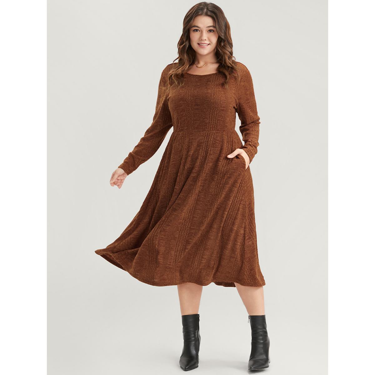 Plus Size Solid Round Neck Pocket Rib Knit Dress Without Belt Chocolate Women Elegant Elastic Waist Round Neck Long Sleeve Curvy Midi Dress BloomChic 26/4X Product Image