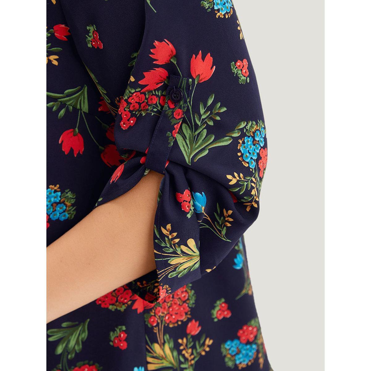 Plus Size Indigo Floral Print Notched Tab Sleeve Blouse Women Elegant Long Sleeve V-neck Dailywear Blouses BloomChic 30/6X Product Image