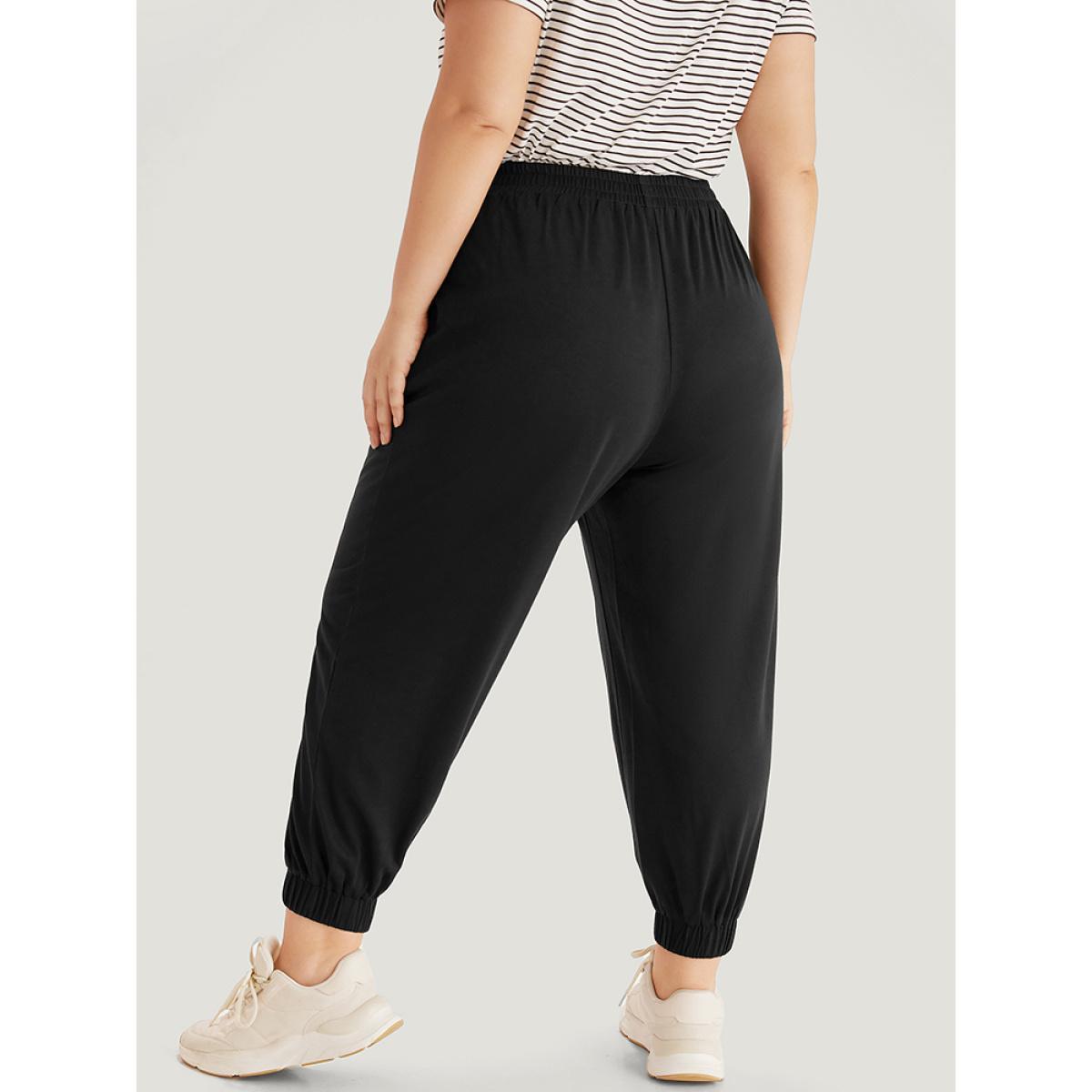 Plain Pocket Contrast Webbing Sweatpants Black Plus Size Women Casual Dailywear Plain 10/M Bloomchic Product Image
