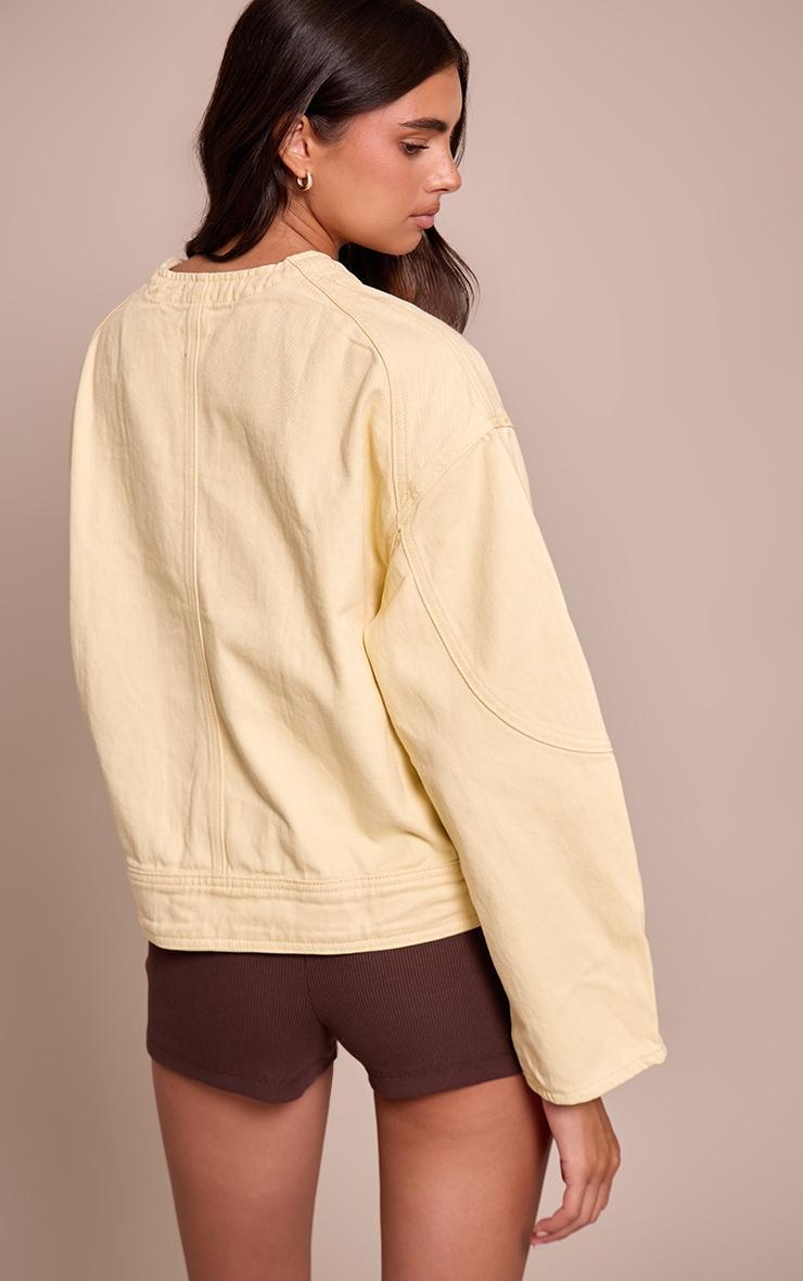 Butter Cream Round Neck Balloon Sleeve Denim Jacket Product Image