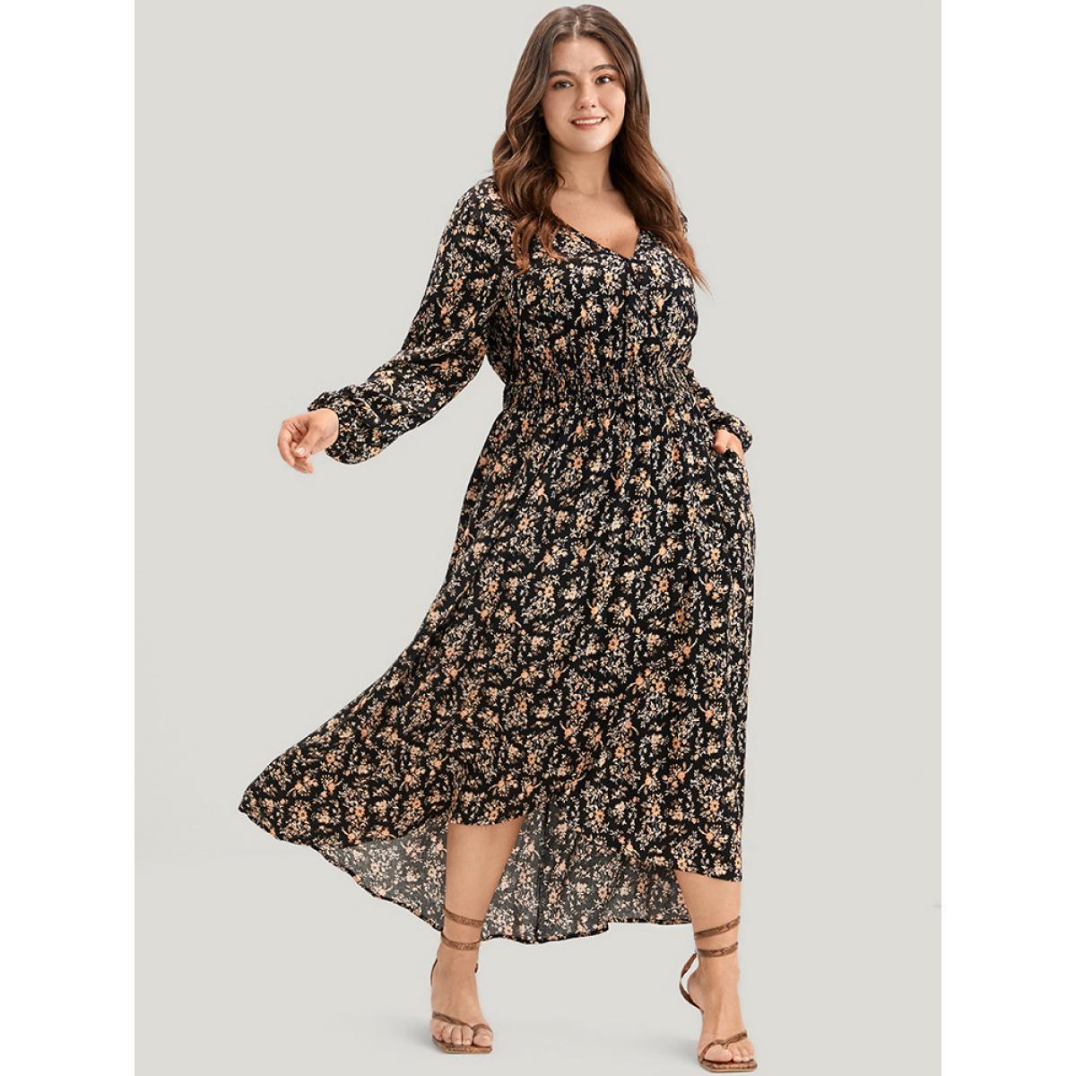 Plus Size Floral Wrap Lantern Sleeve Pocket Shirred Asymmetrical Hem Dress Black Women Elegant Pocket V-neck Long Sleeve Curvy Long Dress BloomChic 26/4X Product Image