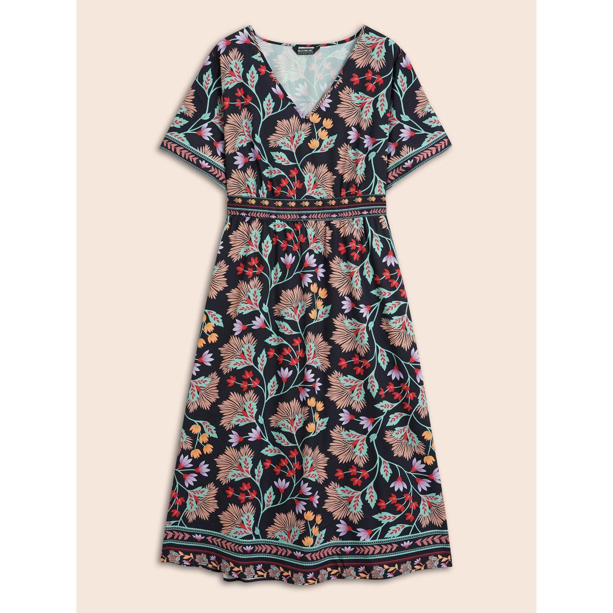 Plus Size Boho Print Shirred Pocket Midi Dress Black Women Resort Shirred V-neck Short sleeve Curvy BloomChic 18-20/2X Product Image