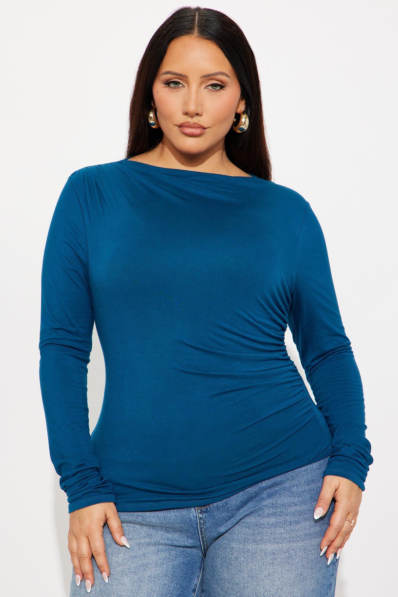 Kass Asymmetrical Long Sleeve Ruched Top - Blue Product Image