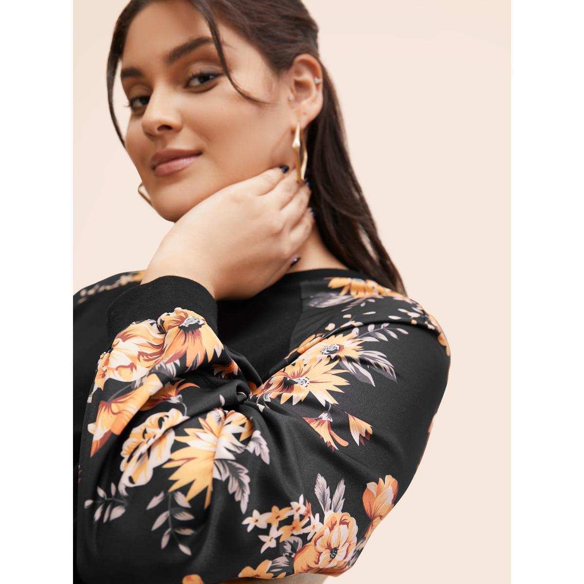Plus Size Halloween Floral Patchwork Print Raglan Sleeve Sweatshirt Women Black Casual Elastic cuffs Round Neck Festival-Halloween Sweatshirts BloomChic 14-16/1X Product Image