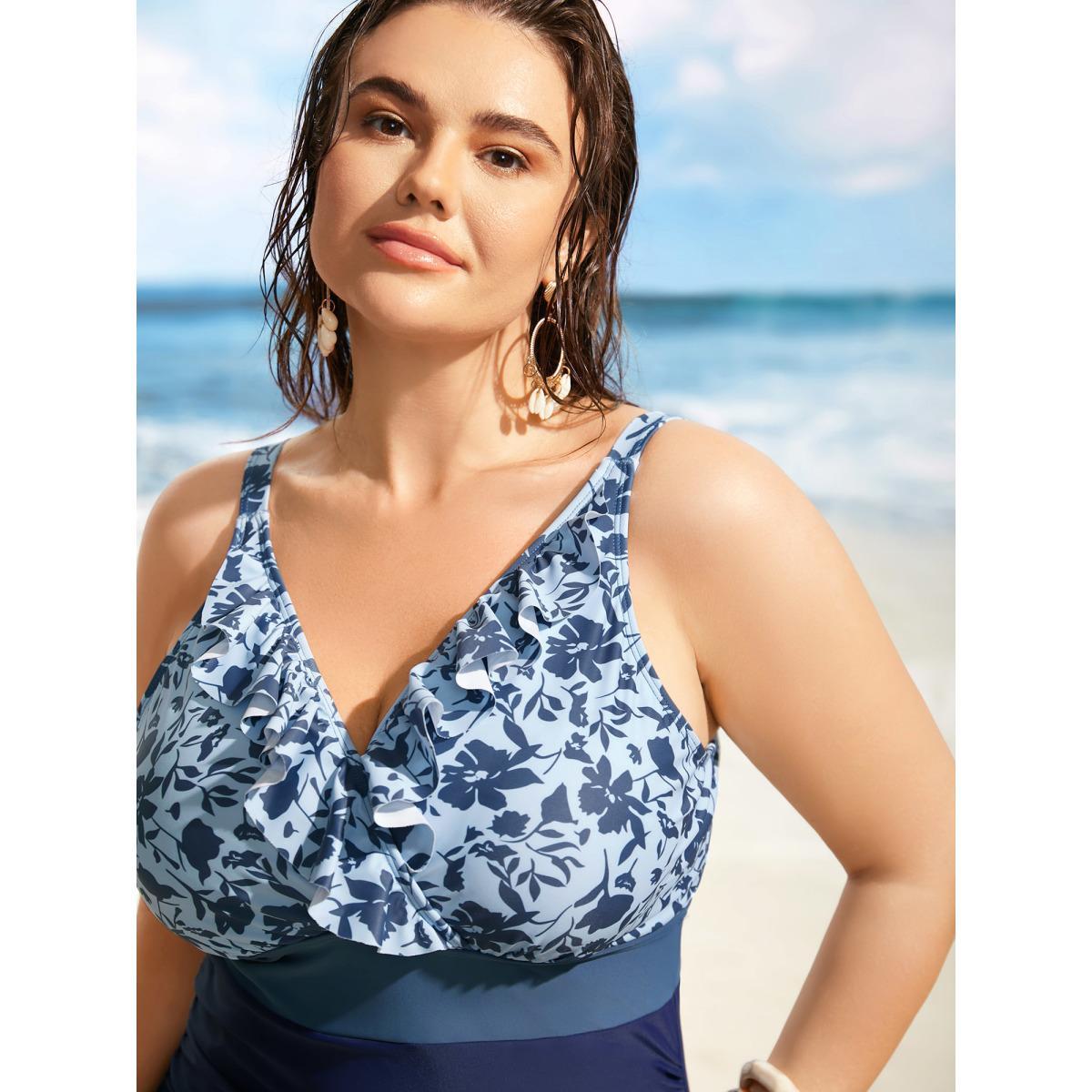 Plus Size Silhouette Floral Print Patchwork Ruffles One Piece Swimsuit Women's Swimwear Indigo Beach Gathered Curve Bathing Suits High stretch One Pieces BloomChic 28/5X Product Image