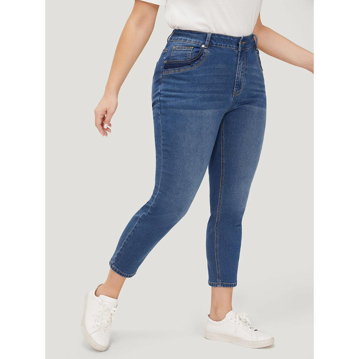 Plus Size Very Stretchy High Rise Medium Wash Patched Patchwork Jeans Women Indigo Casual Plain Patchwork High stretch Pocket Jeans BloomChic 18/2X Product Image