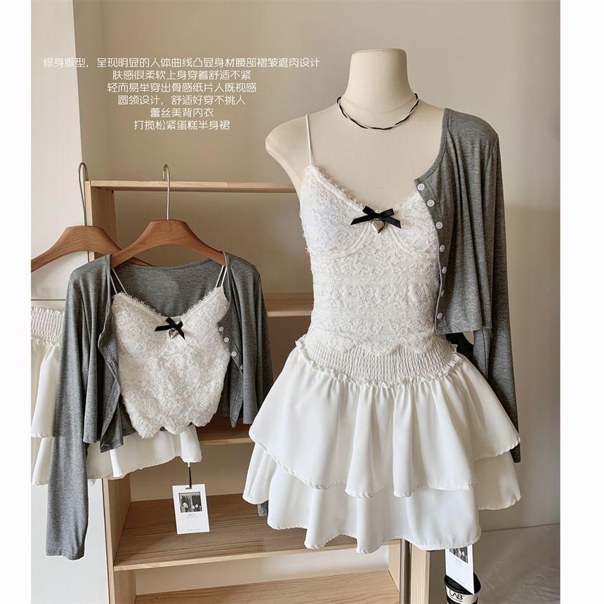 Set: V-Neck Lace Trim Camisole Top + Plain Cardigan + High Waist Plain Tiered Mini A-Line Skirt Product Image