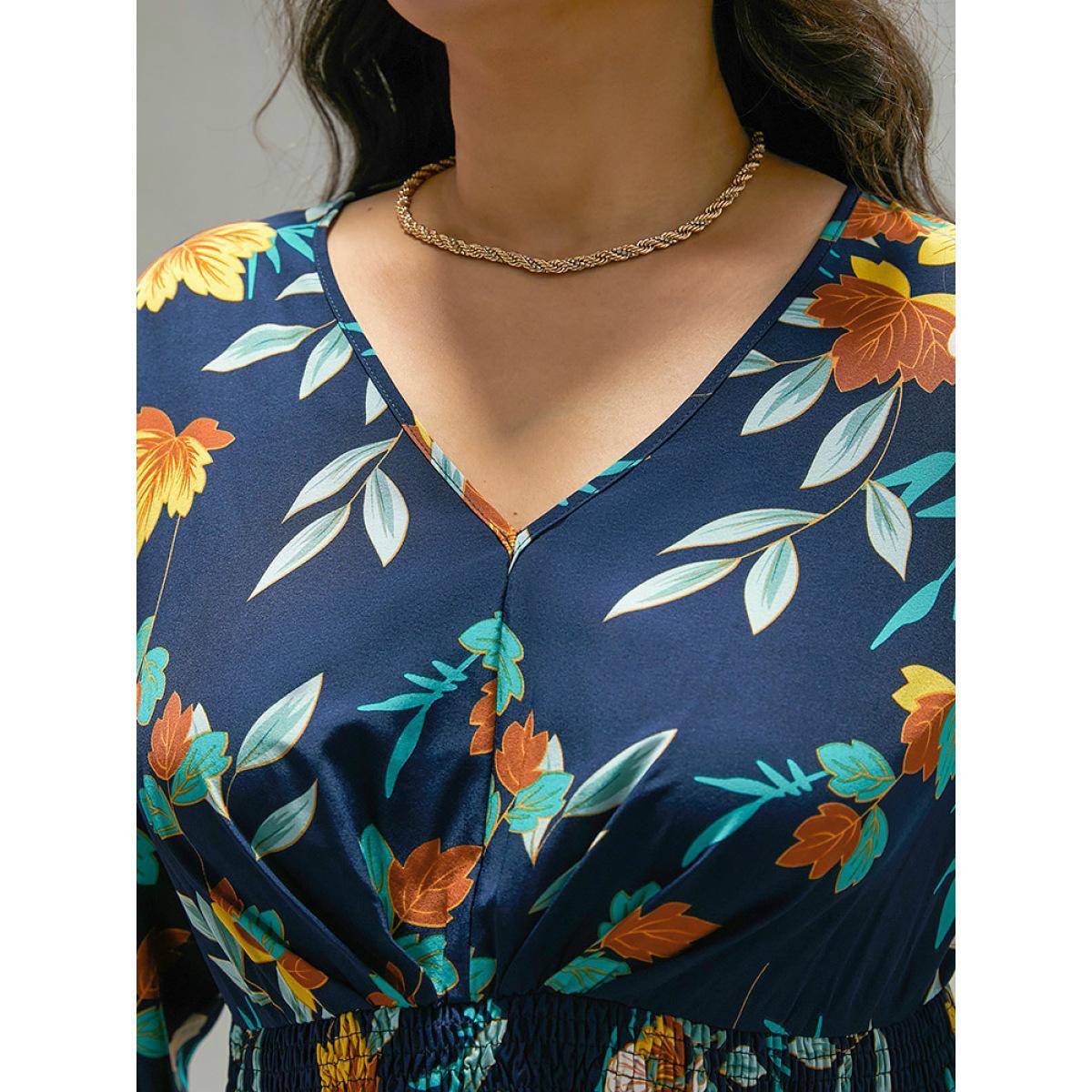 Plus Size Floral Print Shirred Lantern Sleeve Dress DarkBlue Women Elegant Elastic cuffs V-neck Long Sleeve Curvy Midi Dress BloomChic 14-16/1X Product Image
