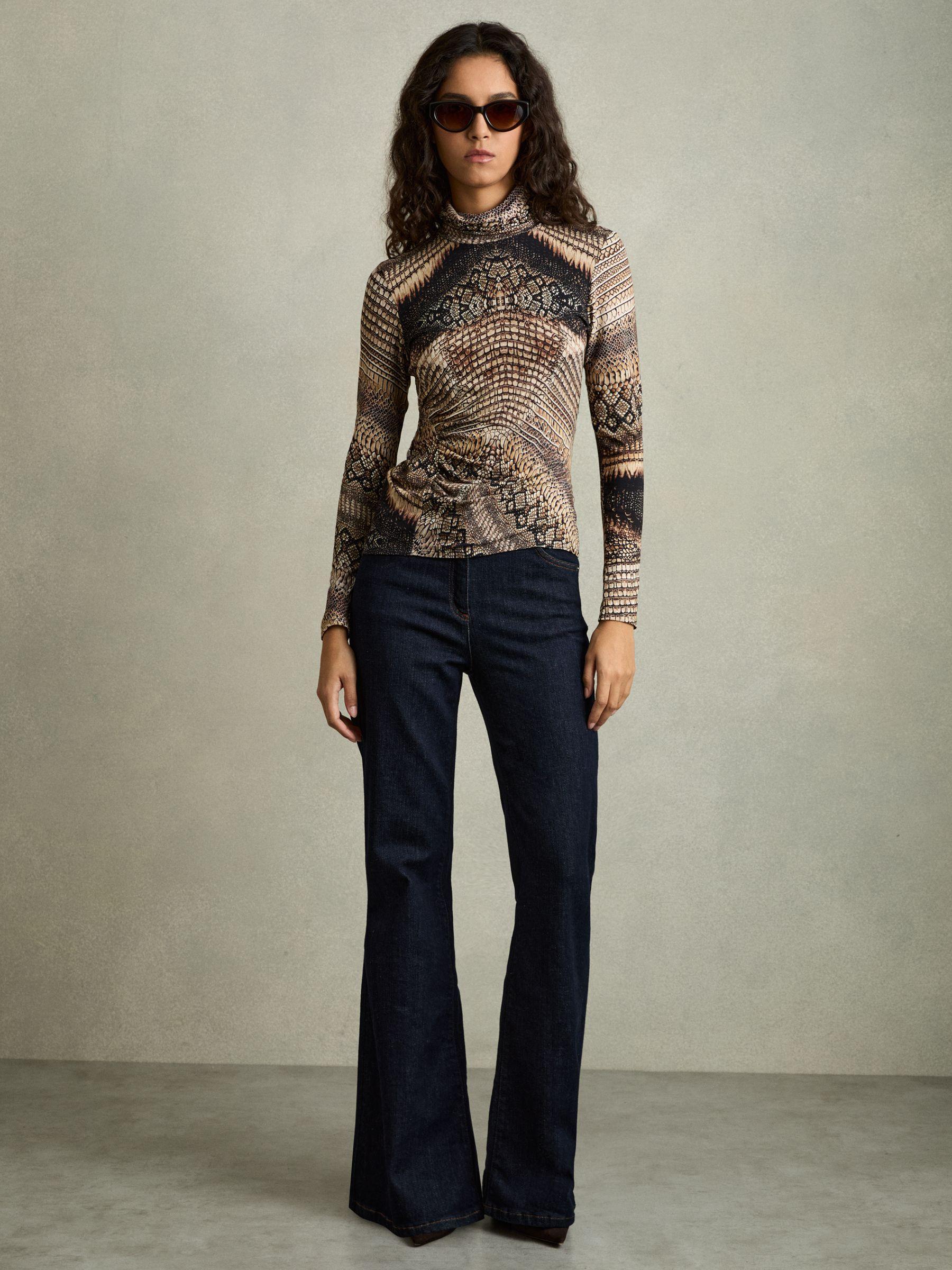 Snake-Print Roll-Neck Top in Brown Product Image