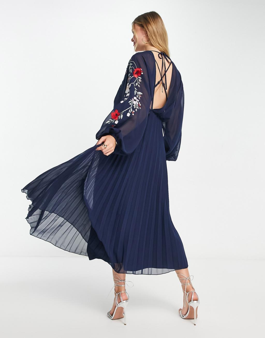 ASOS DESIGN embroidered blouson open back pleated midi dress Product Image