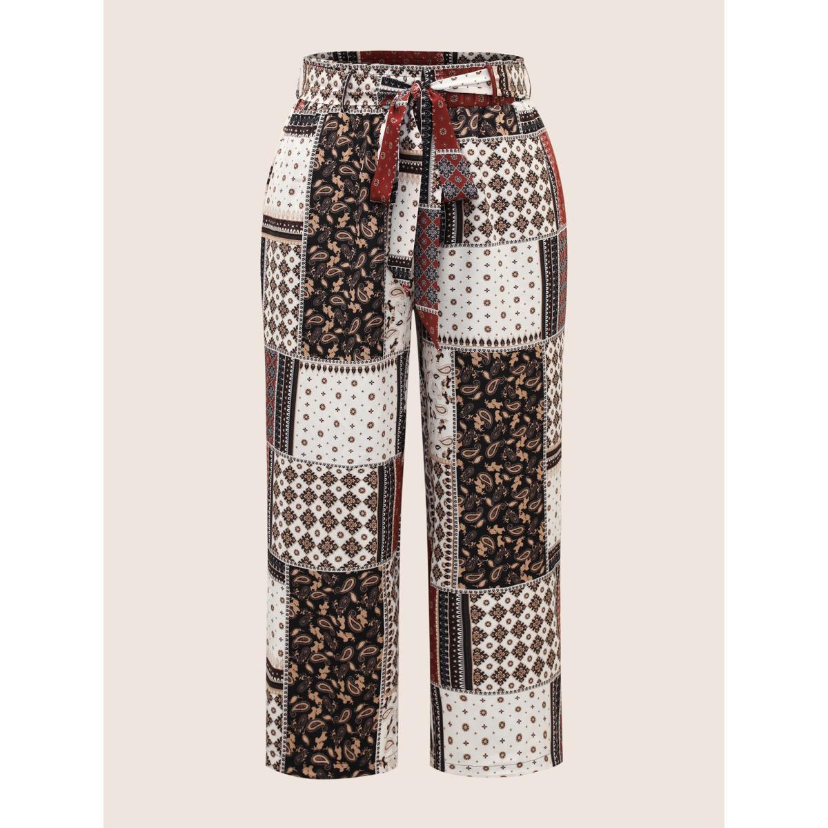 Plus Size Patchwork Floral Belted Wide Leg Pants Women Deepred Resort Wide Leg High Rise Vacation Pants BloomChic 14-16/1X Product Image