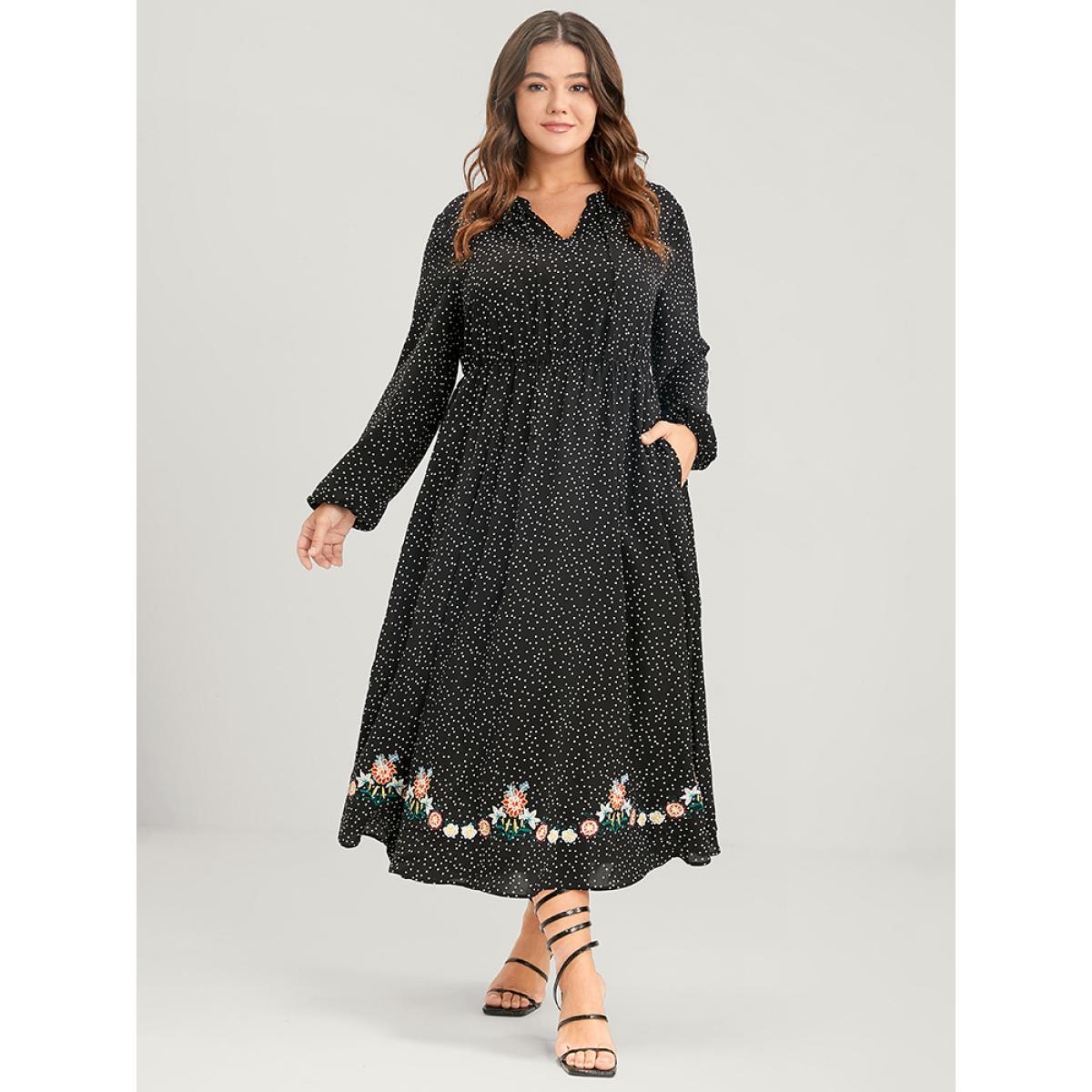 Plus Size Polka Dot Lantern Sleeve Pocket Embroidered Detail Dress Black Women Vacation Embroidered V-neck Long Sleeve Curvy Midi Dress BloomChic 18-20/2X Product Image