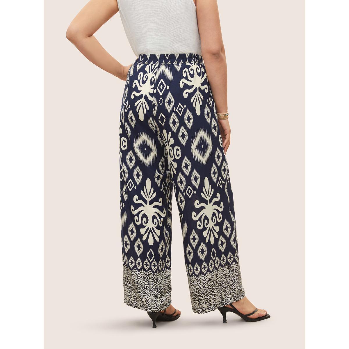 Plus Size Bandana Tassel Trim Elastic Waist Wide Leg Pants Women Navy Resort Wide Leg High Rise Vacation Pants BloomChic 12/L Product Image