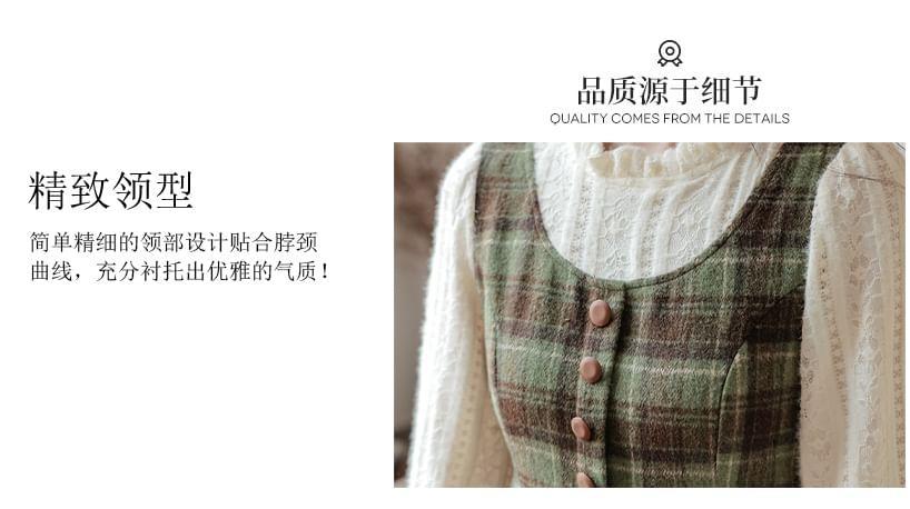 Long Sleeve Round Neck Plaid Mock Two Piece Frill Button Midi A-Line Dress Product Image