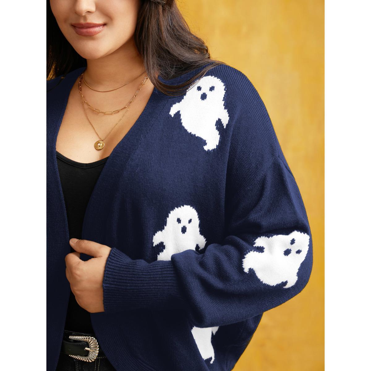 Plus Size Happy Ghost Jacquard Arc Cardigan Indigo Women Casual Loose Long Sleeve Everyday Cardigans BloomChic 14-16/1X Product Image