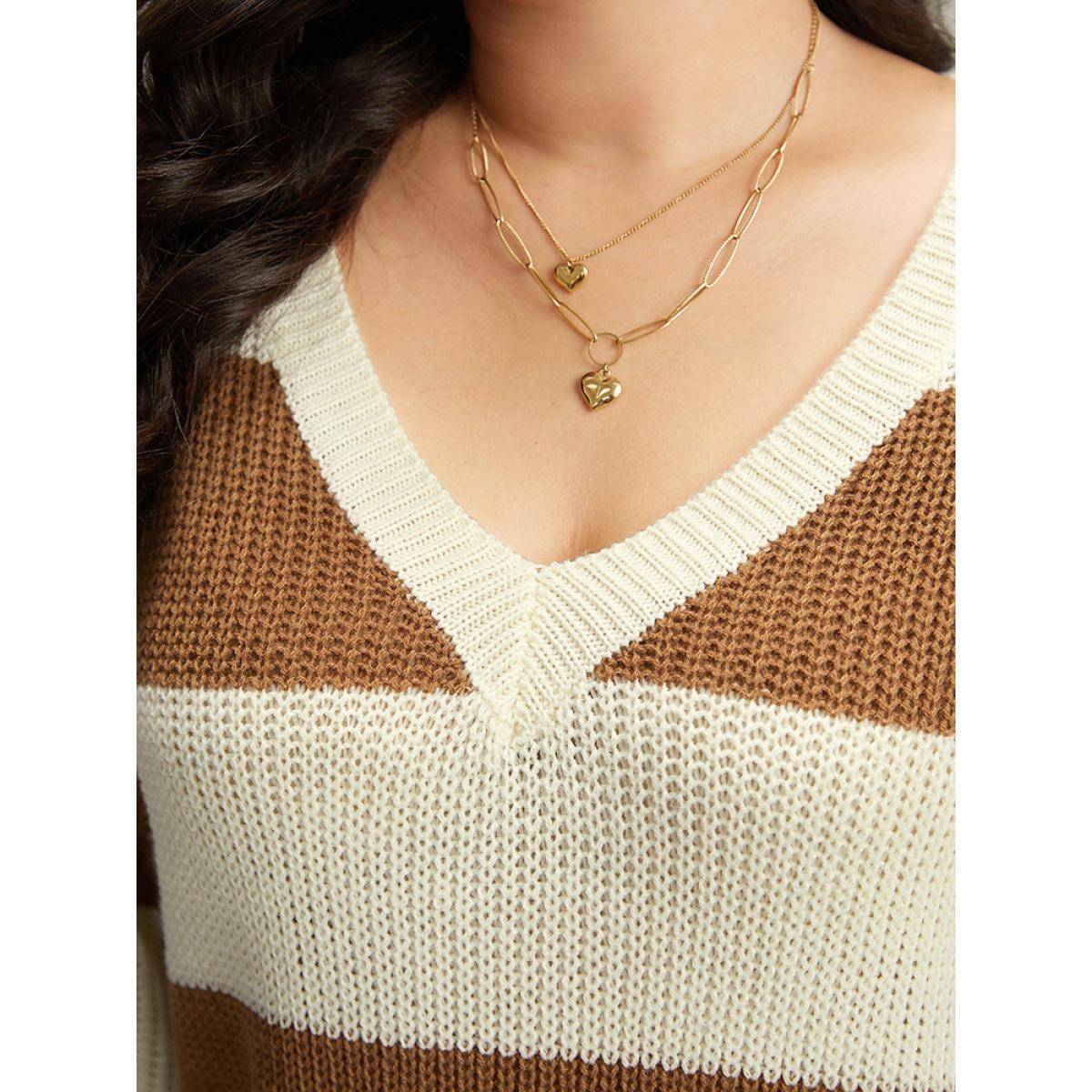 Plus Size Colorblock Lantern Sleeve Loose Pullover Bronze Women Casual Loose Long Sleeve V-neck Dailywear Pullovers BloomChic 18-20/2X Product Image
