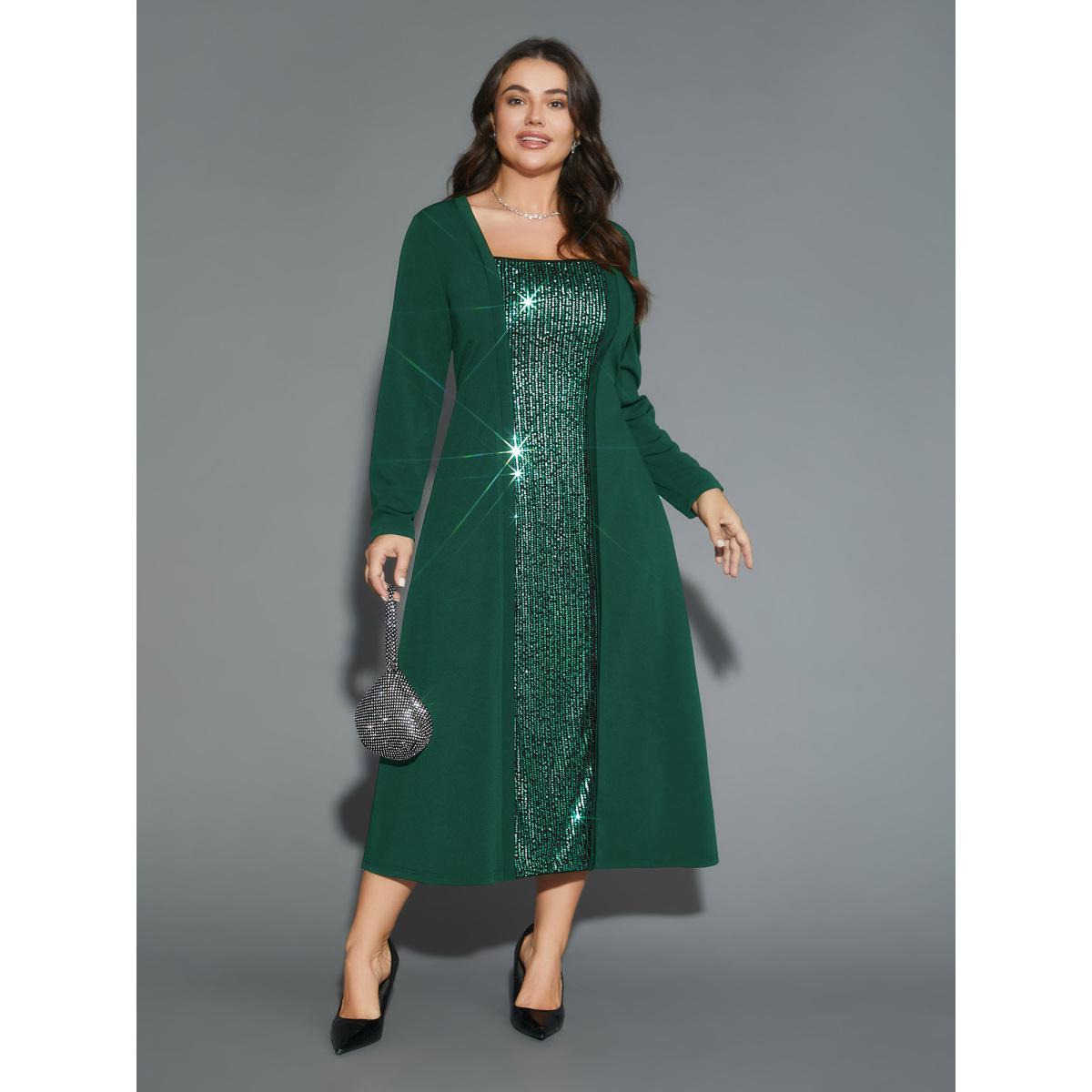 Plus Size Sequin Patchwork Elastic Waist Midi Dress DarkGreen Women Cocktail Texture Party Curvy Bloomchic 12/L Product Image