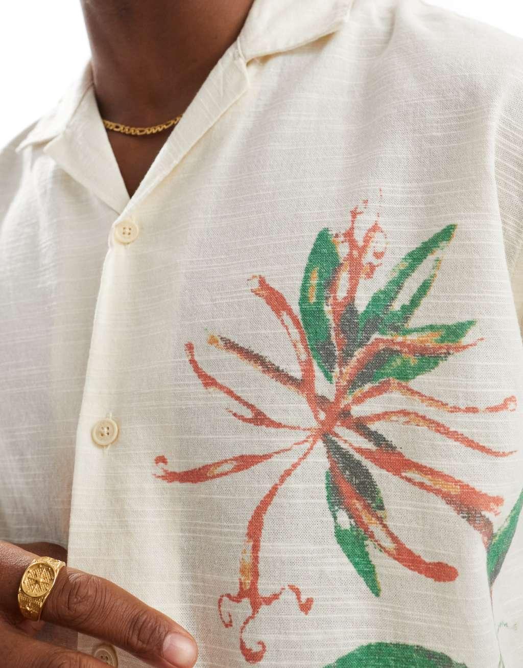 Jack & Jones revere collar shirt with flower art print in white Product Image