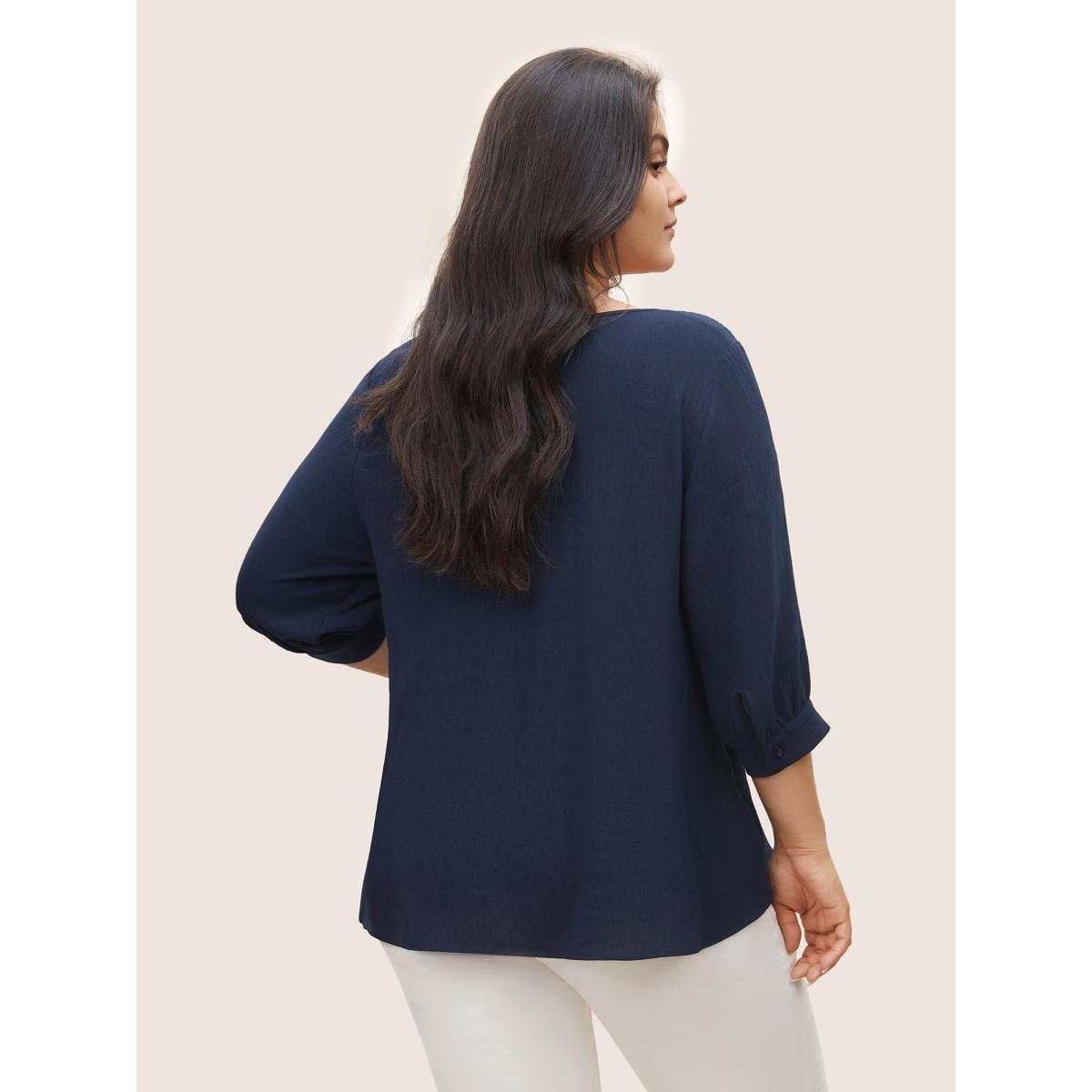 Plus Size Indigo Solid Button Detail Gathered Lantern Sleeve Blouse Women Work From Home Elbow-length sleeve V-neck Work Blouses BloomChic 10/M Product Image