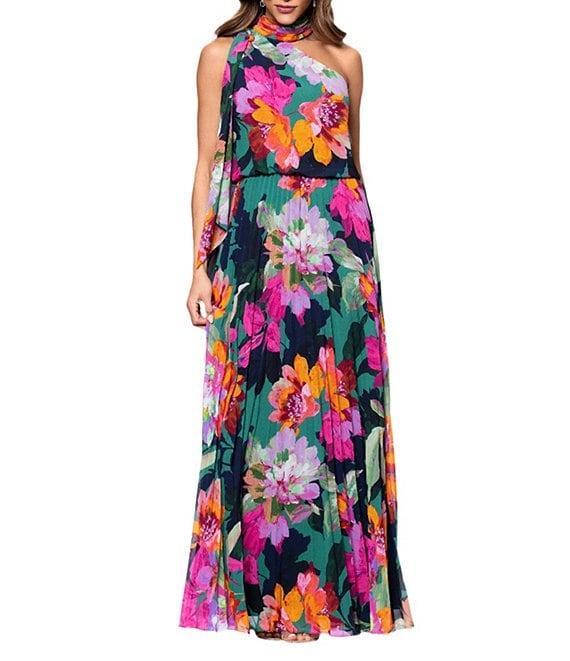 Xscape Pleated Chiffon Floral Print Halter Neck Scarf Sleeveless Blouson Maxi Dress Product Image