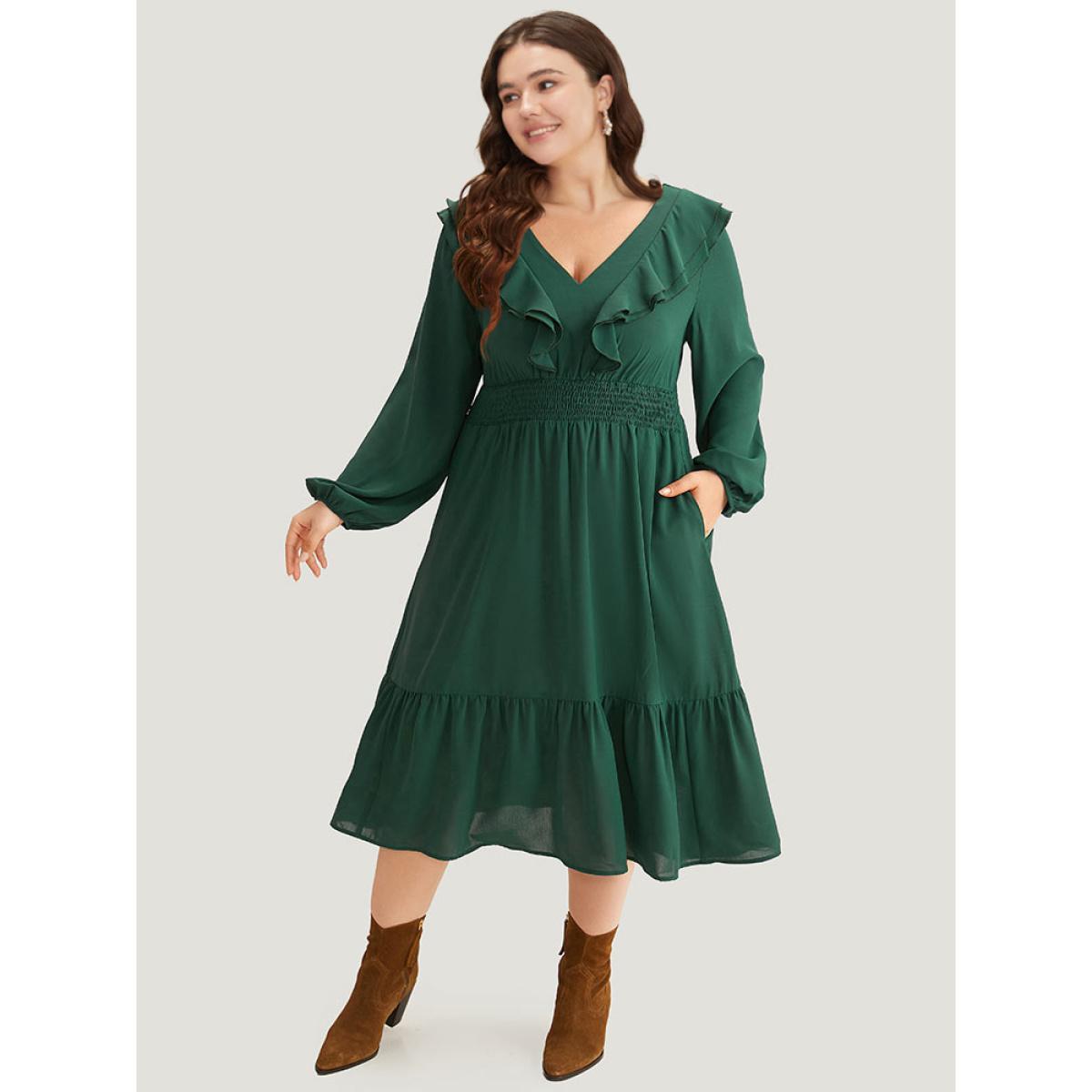 Plus Size Solid Shirred Ruffle Trim Pleated Dress DarkGreen Women Vacation Elastic cuffs V-neck Long Sleeve Curvy Midi Dress BloomChic 30/6X Product Image