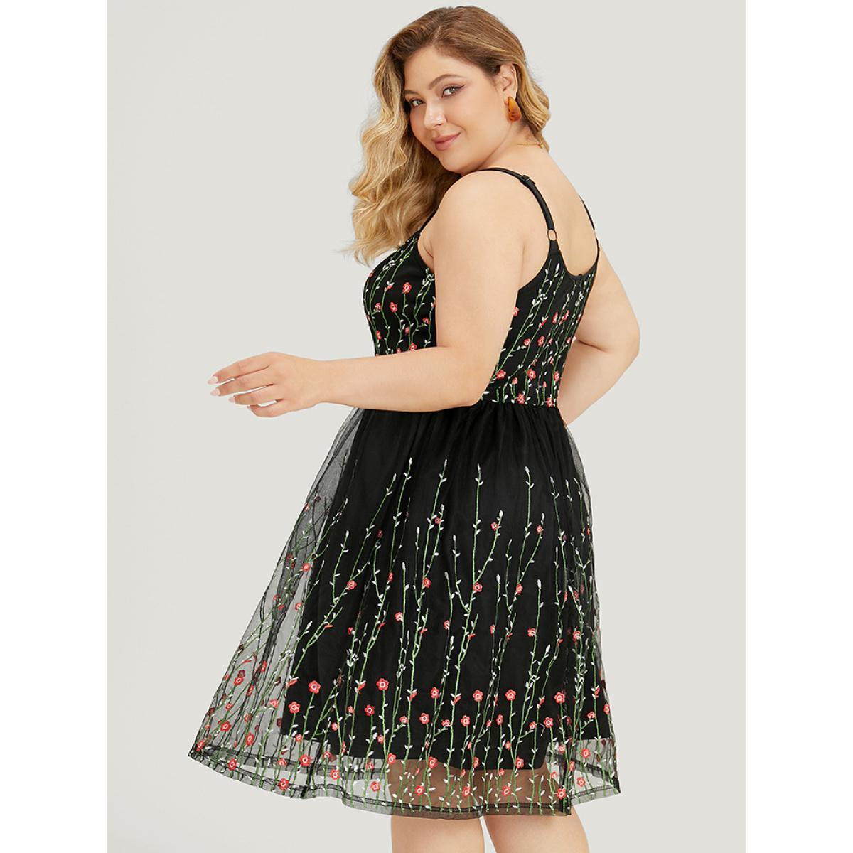 Plus Size Floral Embroidered Mesh Ruffle Hem Pocket Cami Dress Black Women Glamour Adjustable Straps Spaghetti Strap Sleeveless Curvy Knee Dress BloomChic 22-24/3X Product Image