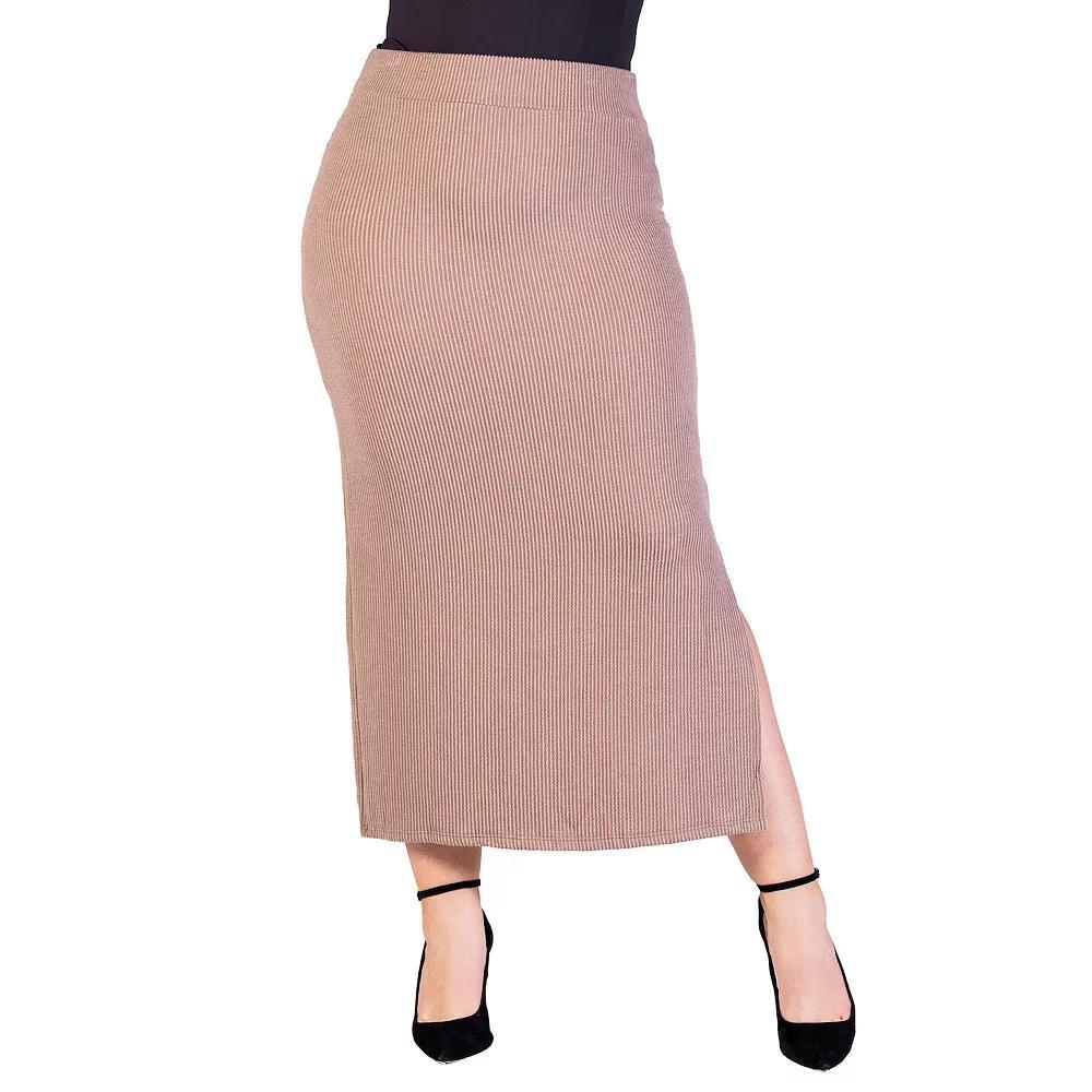 Plus Size 24Seven Comfort Apparel Ribbed Knit Side Slit Elastic Waist Maxi Skirt, Women's, Size: 1XL, Brown Product Image